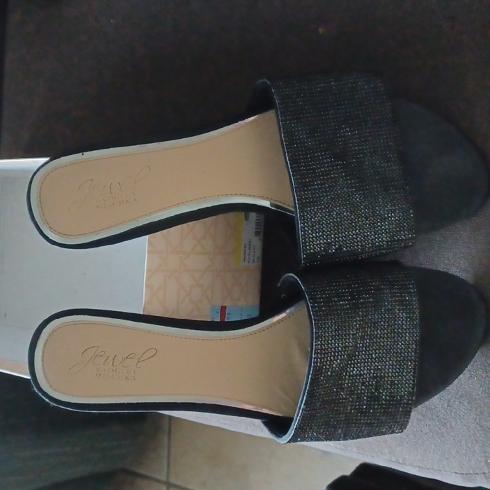 Jewel Badgley Mischka Delaney Glittering Flat Slides Blk 71/2